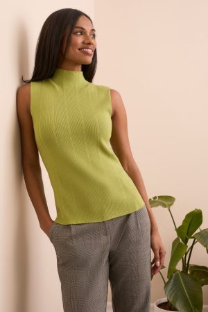 Textured Sleeveless Mock Neck Top-Wasabi