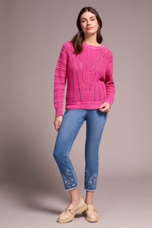 Textured Special Wash Crew Neck Sweater-Cherrypink