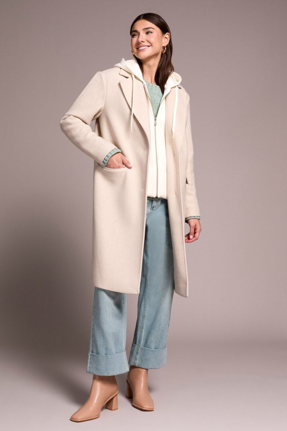 Ultra-Soft knit Coat With Removable Fooler Hoodie-Oatmeal
