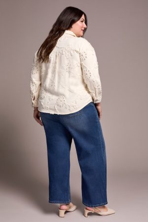 Rhinestone Applique Collared Shacket-Cream