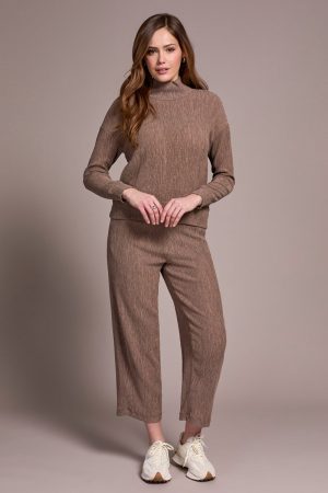 Two-Tone Crinkle Drop Shoulder Mock Neck Top-Fossil