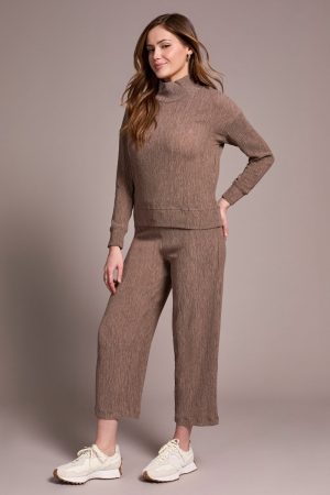 Two-Tone Crinkle Drop Shoulder Mock Neck Top-Fossil