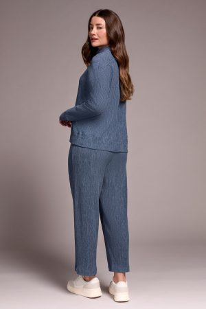 Two-Tone Crinkle Drop Shoulder Mock Neck Top-Slateblue