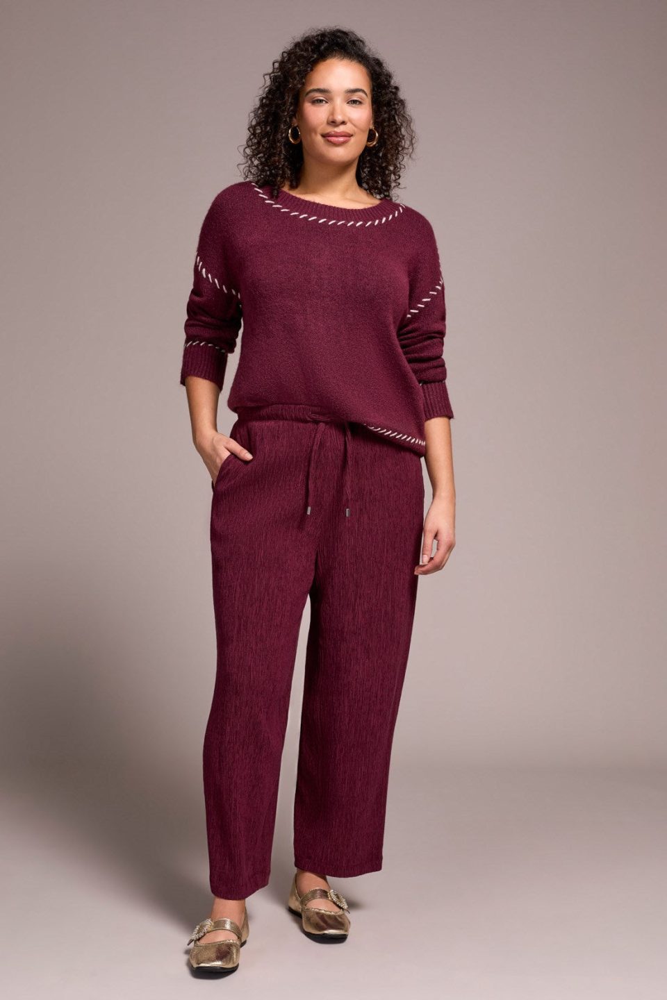 Two-Tone Crinkle Flowy Pant-Wine