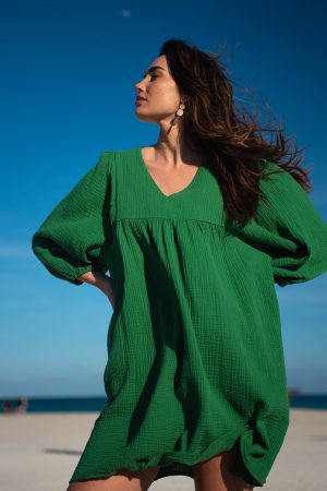 Crinkled Gauze Puff Sleeve Dress-Palmleaf