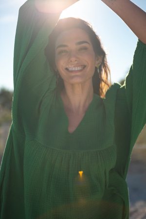 Crinkled Gauze Puff Sleeve Dress-Palmleaf