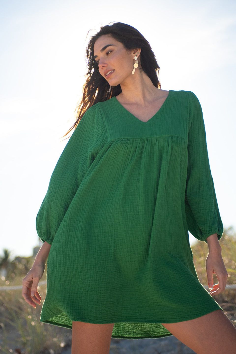 Crinkled Gauze Puff Sleeve Dress-Palmleaf