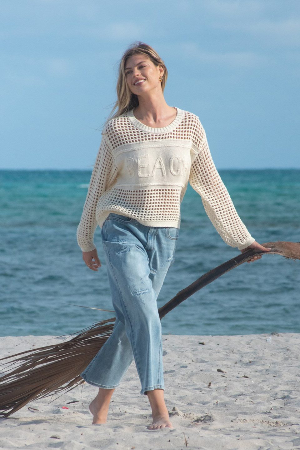 Open Crochet Long Sleeve Crew Neck Sweater With Embroidery-Buttercream