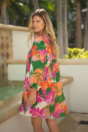 Crinkled Gauze Puff Sleeve Dress-Cartagena