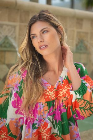 Crinkled Gauze Puff Sleeve Dress-Cartagena