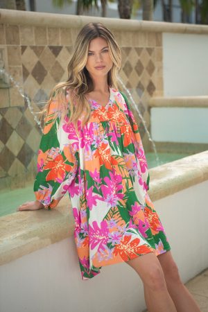 Crinkled Gauze Puff Sleeve Dress-Cartagena