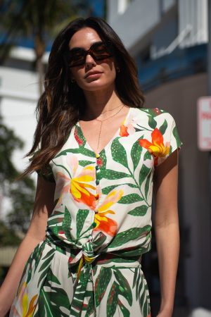 Printed Tie-Hem Button-Front Blouse-Koloa