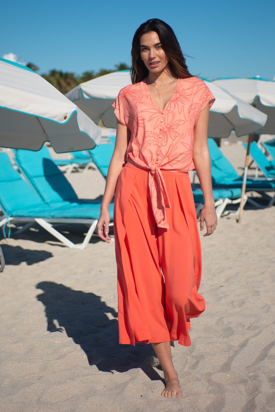 Printed Tie-Hem Button-Front Blouse-Rio