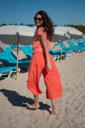 Printed Wrap Front Flowy Cover-Up Pants-Bright mango